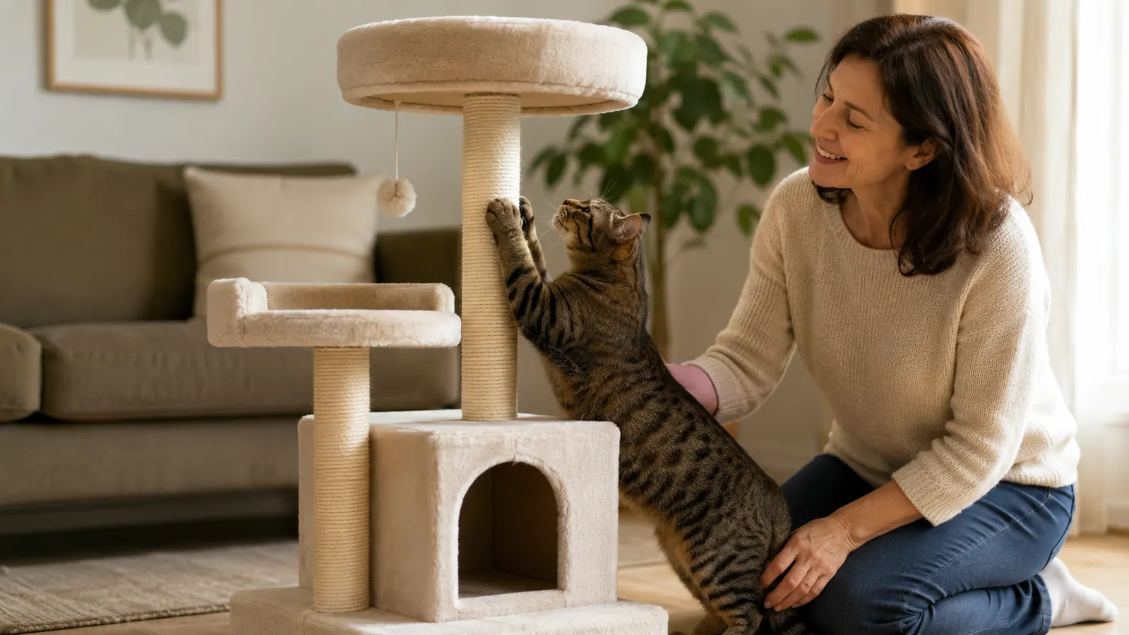 A cat stretching up with both front paws against the sisal rope scratching post of a cat tree, mid-scratch