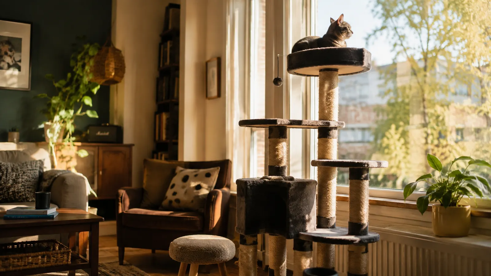 A multi-level cat tree standing by a bright window in a living room, a cat perched calmly on the top platform looking out, soft morning light