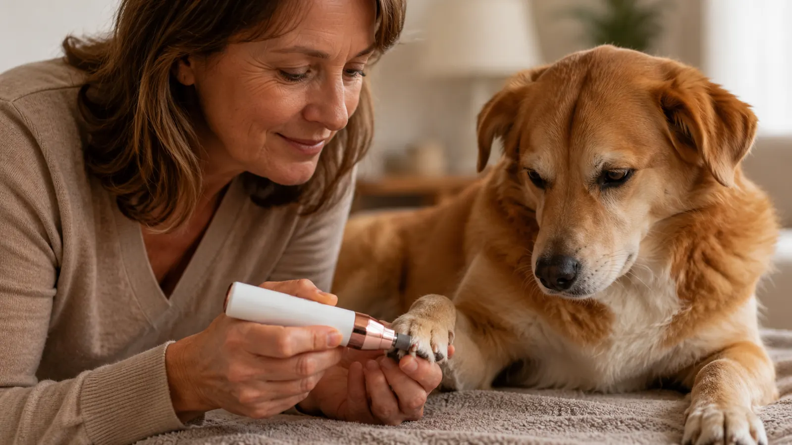 A hand holding a small electric nail grinder to a dog's front paw nail while the dog lies calmly on a towel