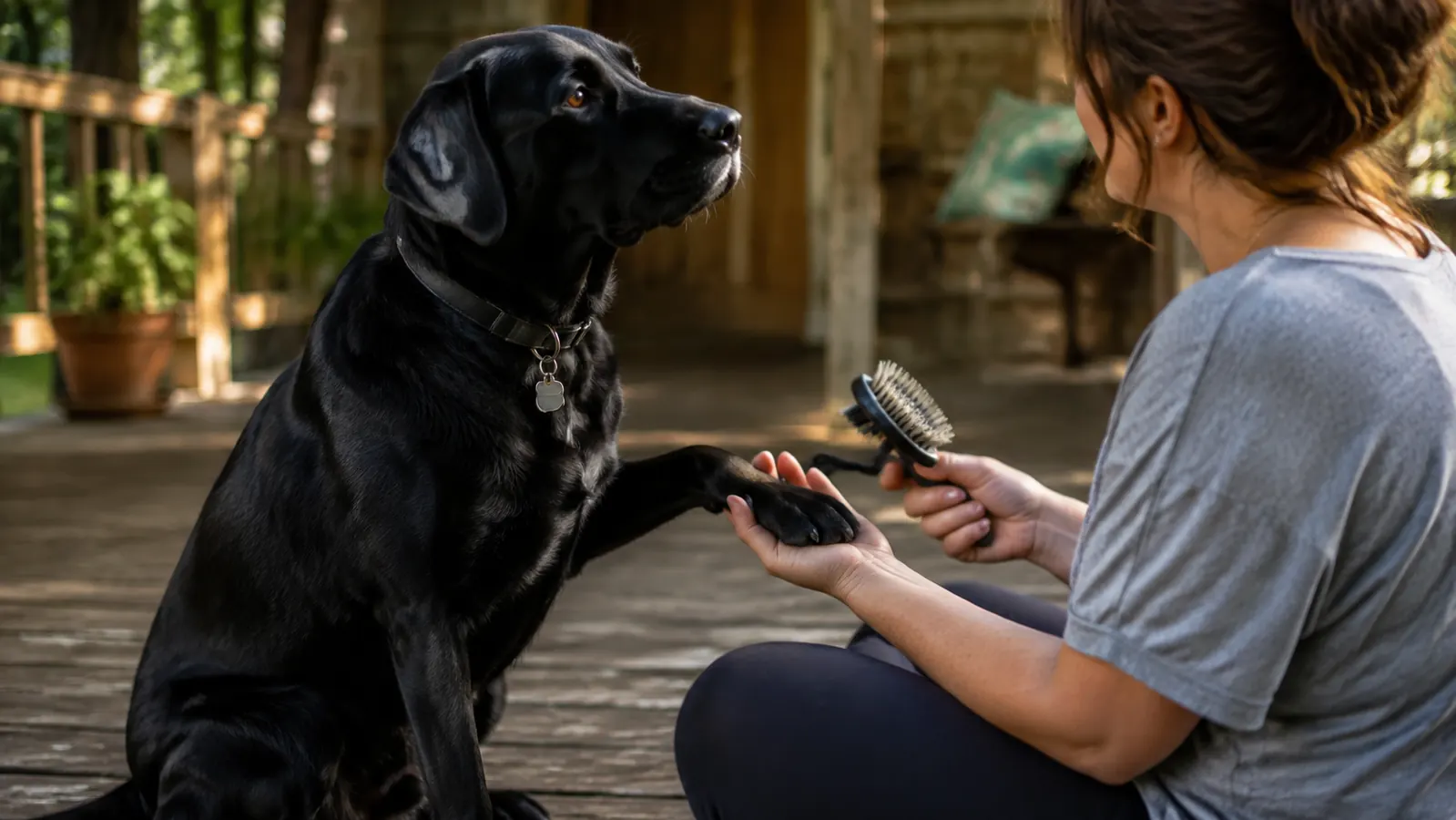 A calm black Lab sitting on a porch with one front paw resting gently in an owner's hand, soft morning light, a quiet grooming moment outdoors