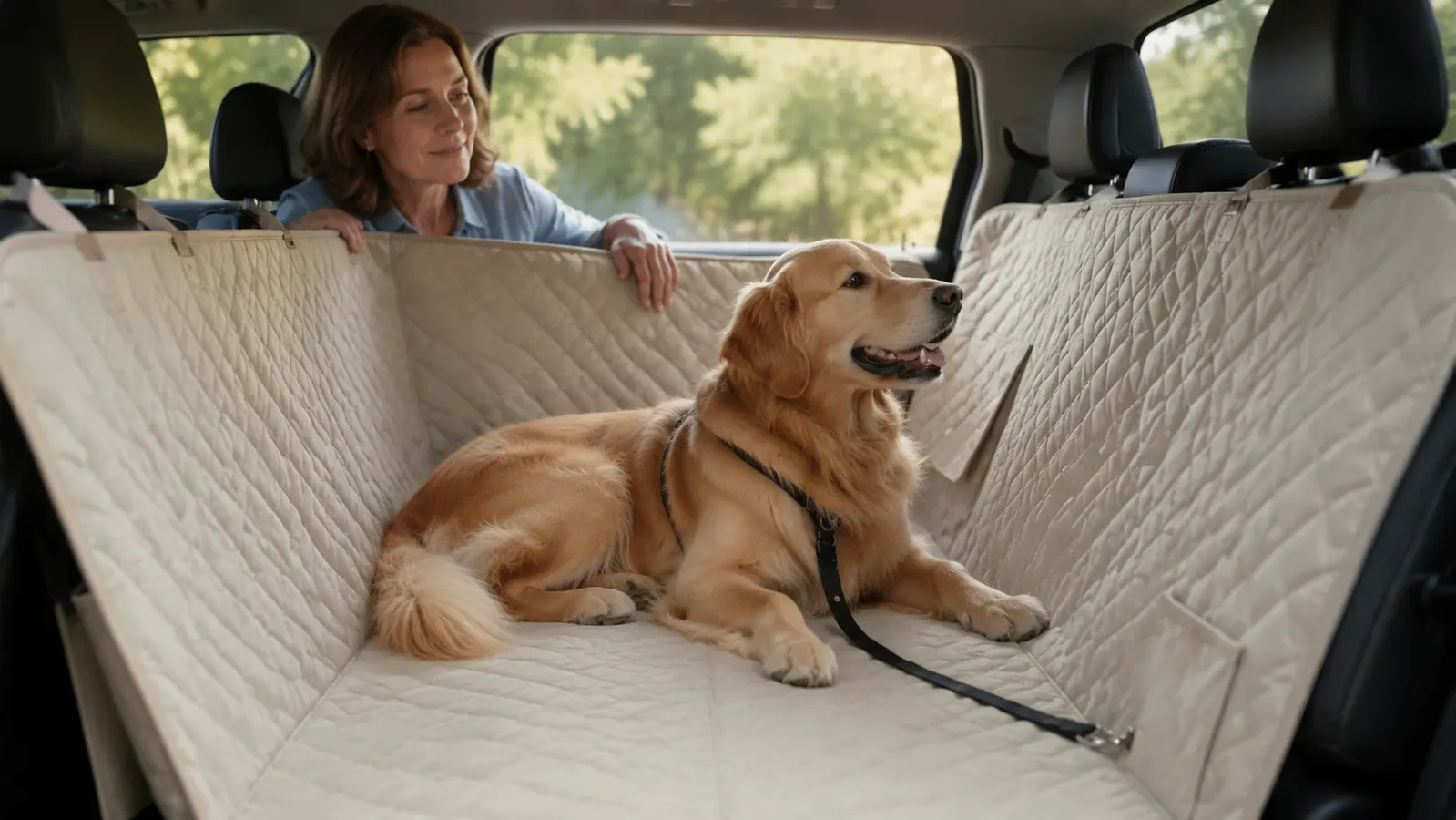 A dog resting comfortably on a seat cover with its paw near the seat-belt strap looking out the window