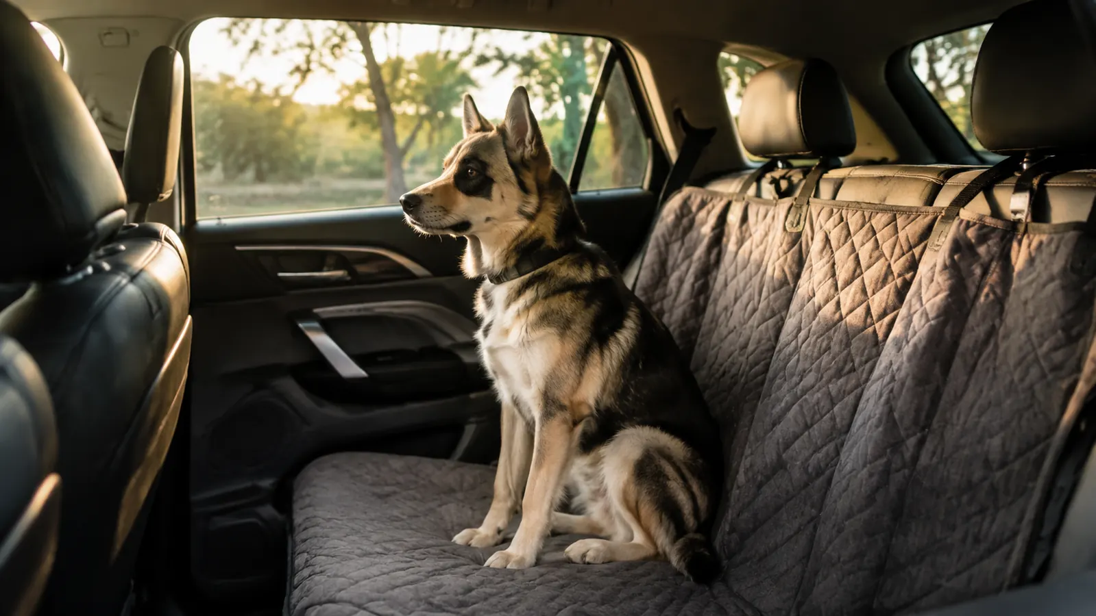 A calm dog sitting on a padded car seat cover in the back seat of an SUV on a quiet morning, soft light through the window