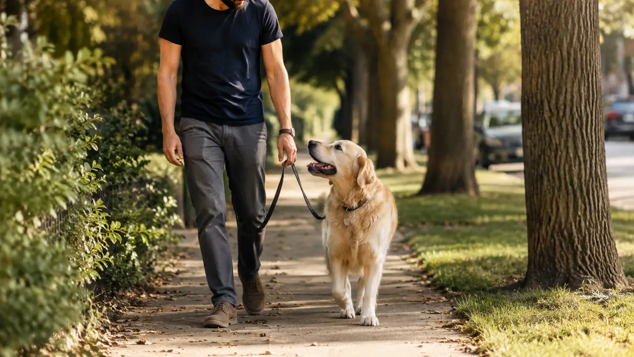 A strong medium-large dog trotting at a relaxed heel on a leafy neighborhood sidewalk, leash slack, soft afternoon light