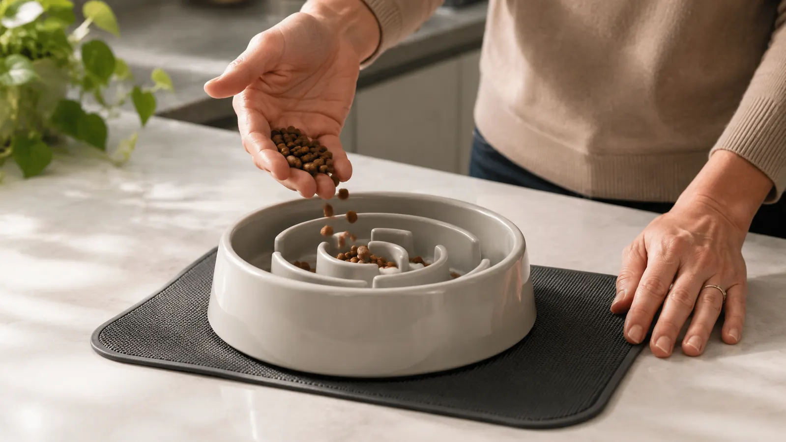 A person's hand pouring kibble into a slow feeder bowl with raised ridges, sitting on a non-slip mat