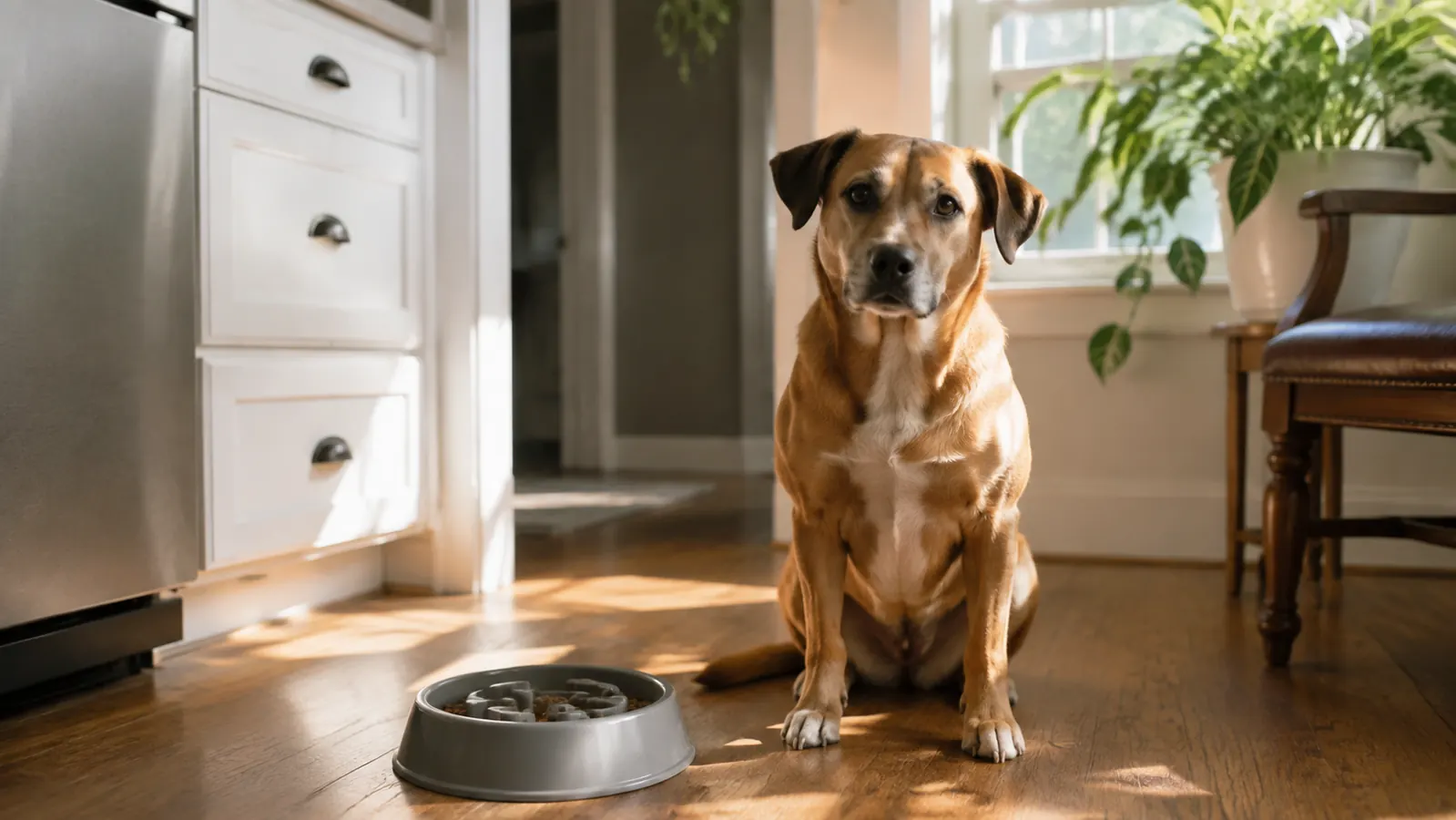 A happy dog sitting beside a raised slow feeder bowl on a kitchen floor in soft morning light