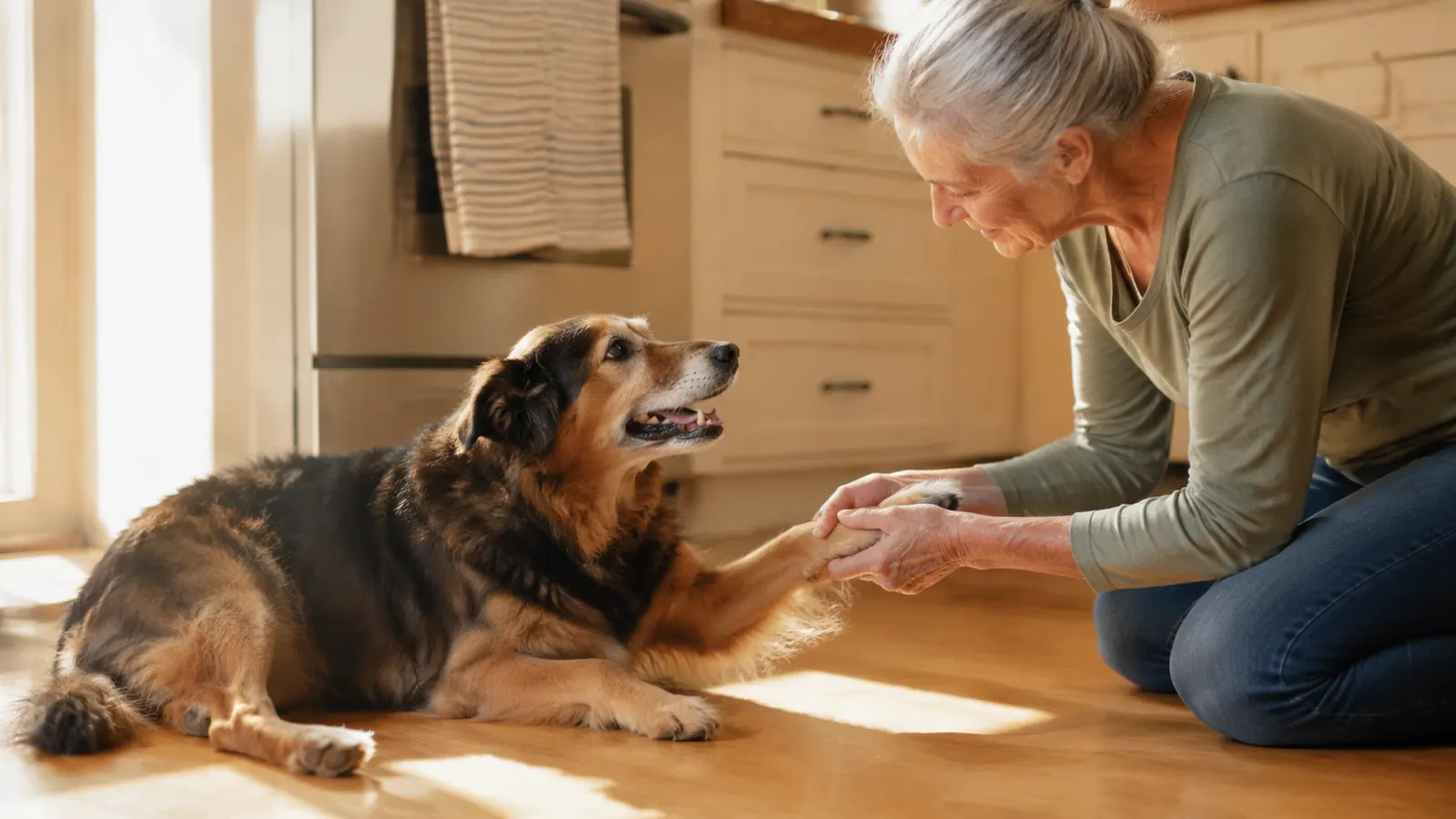 A calm dog lying on a kitchen floor while its owner gently holds one paw steady
