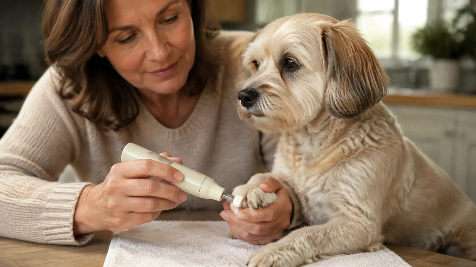 An owner's hand holding a small compact grinder near a dog's paw on a kitchen table