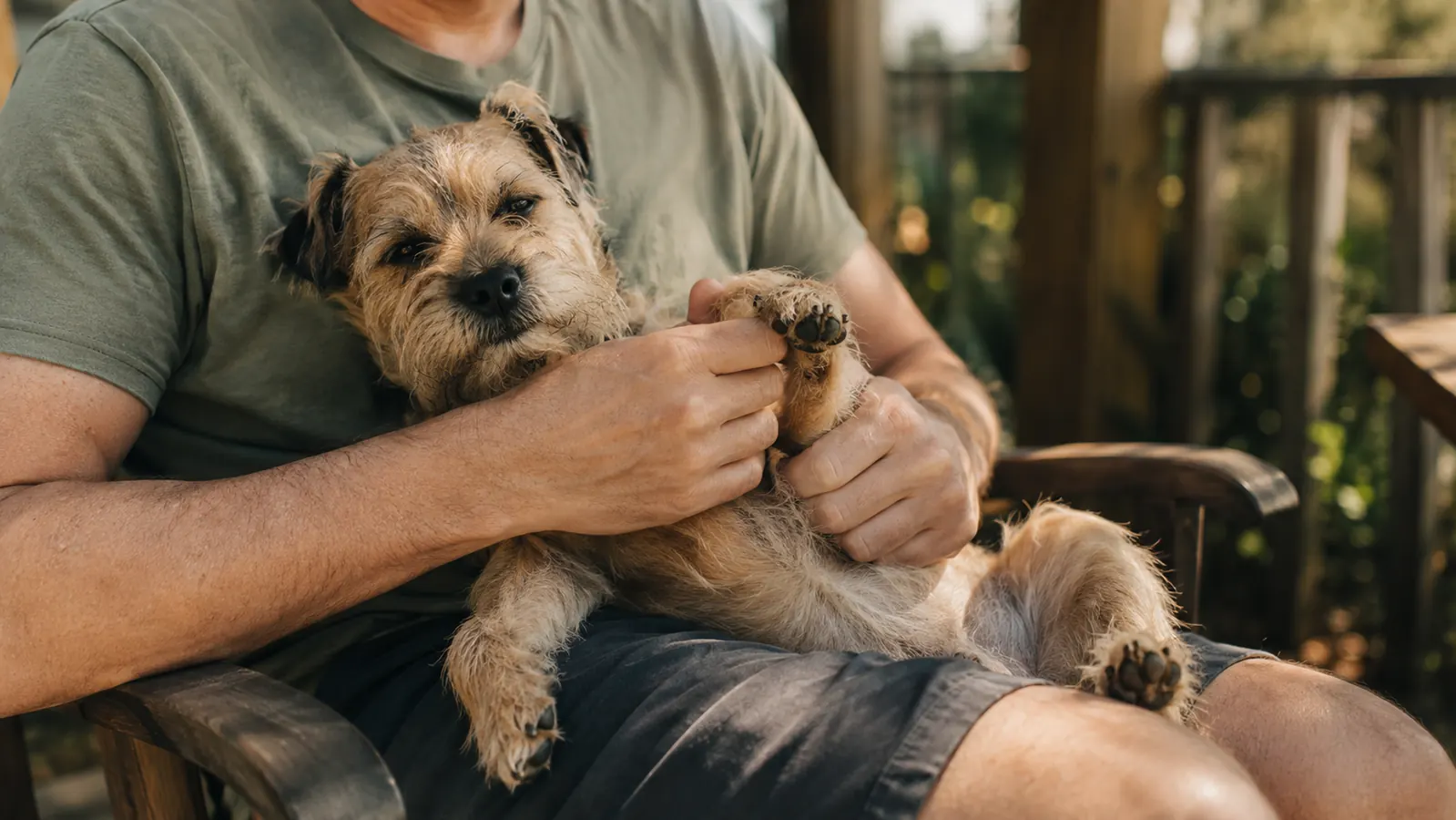 A small terrier lying calmly on a person's lap on a porch, one front paw resting gently in the owner's hand in warm afternoon light