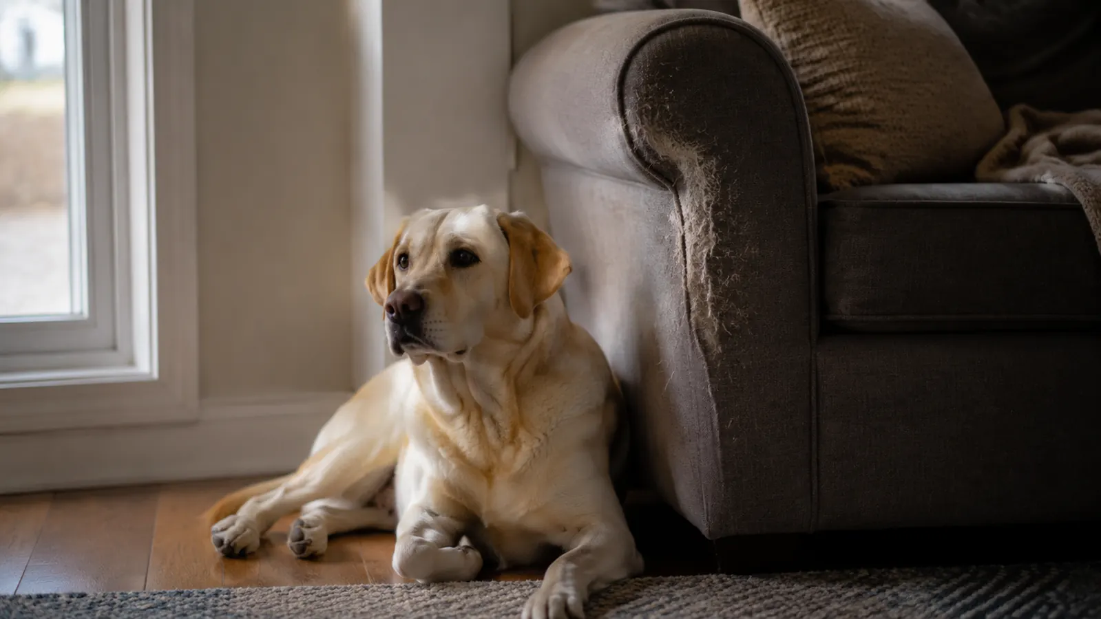 A worn fabric couch arm with a small scratch mark, a dog resting nearby