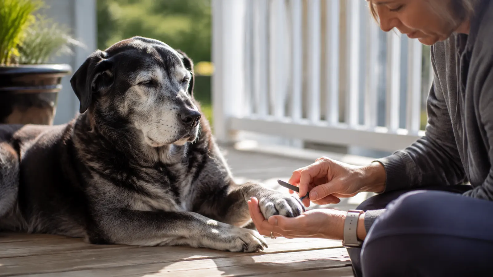 A calm older dog lying on a porch with one front paw resting in its owner's hand while she works near the paw, soft late-morning light