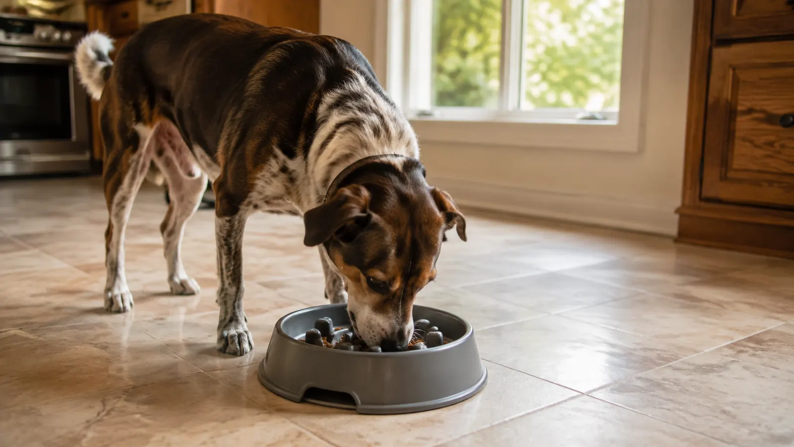 A medium dog eating calmly from a slow feeder bowl on a kitchen floor in soft morning light