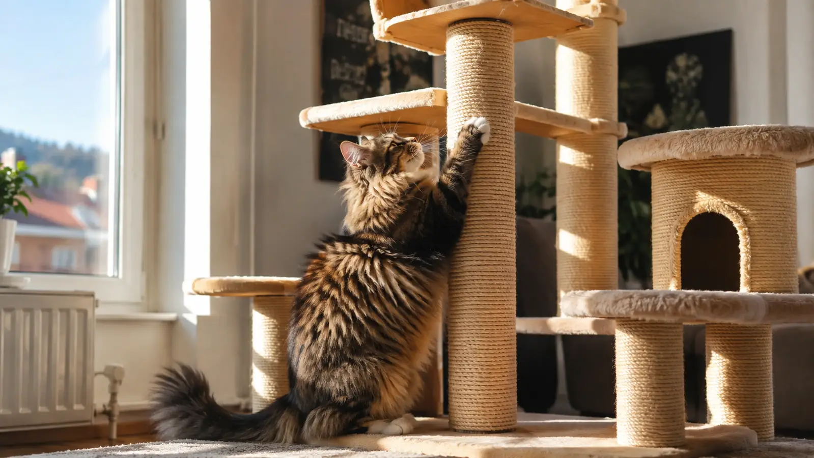 A cat stretched up on its hind legs scratching a tall sisal post on a cat tree, bright living room light behind it