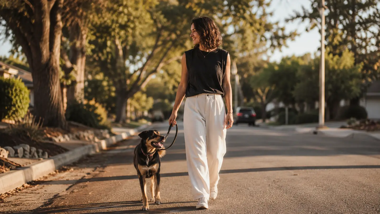 A person walking a mid-size dog on a quiet tree-lined street at golden hour, the dog walking calmly beside them