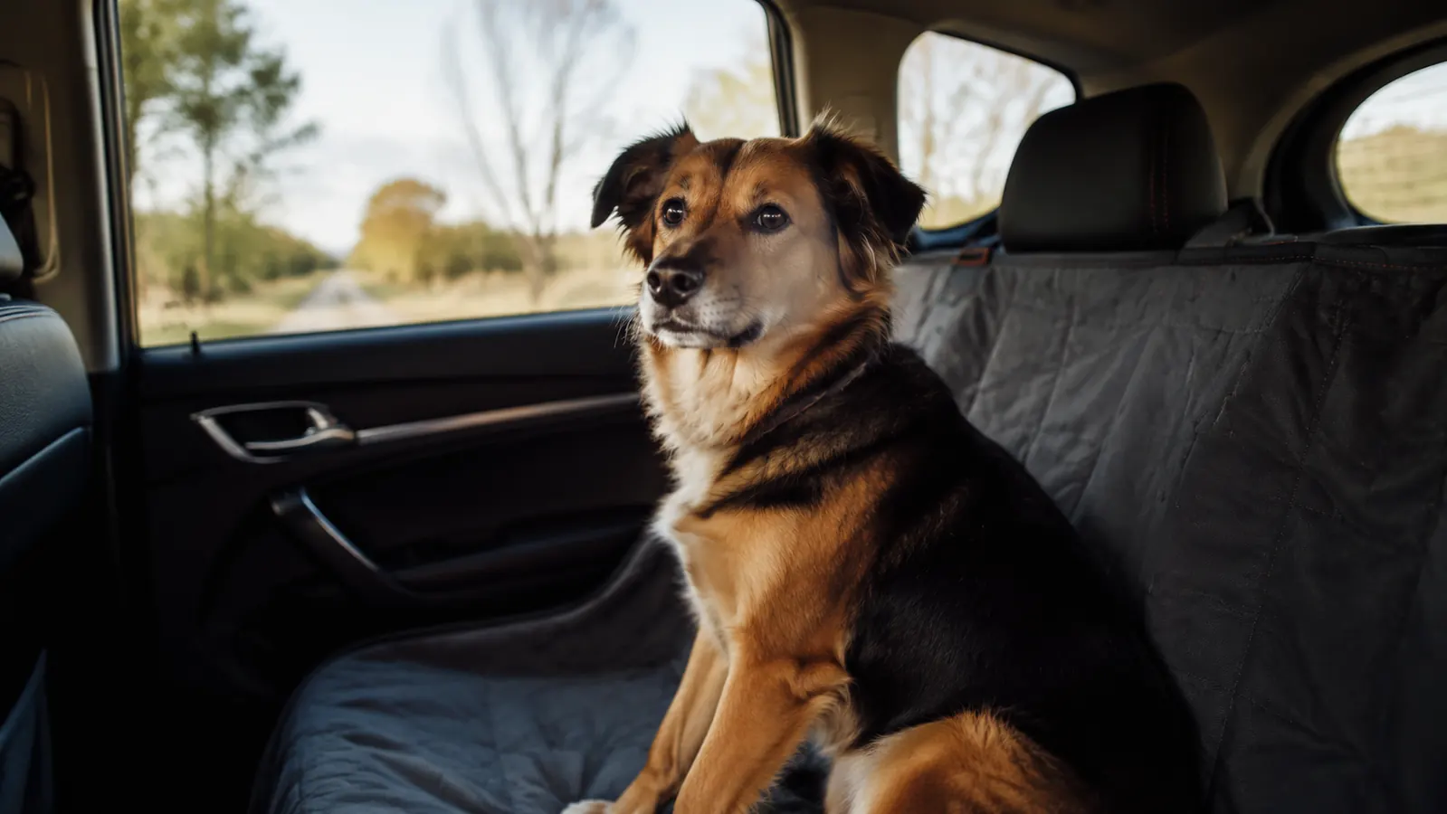 A calm dog sitting on a padded seat cover in the back of a car, parked on a quiet morning road