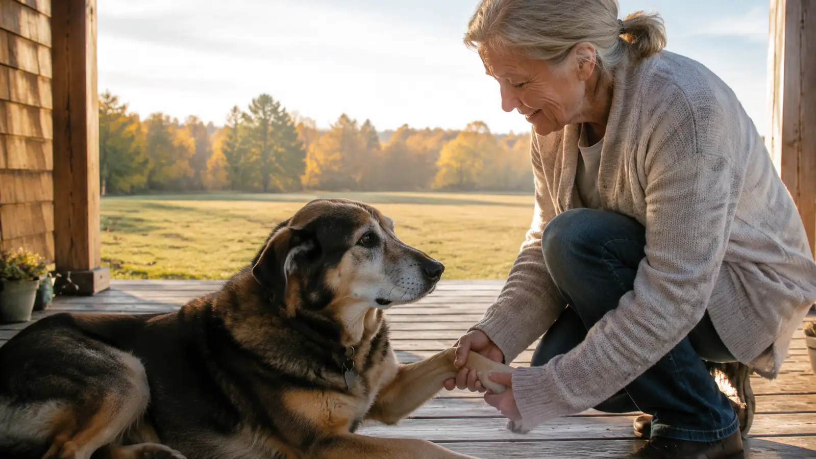 A relaxed senior mixed-breed dog lying on a porch while its owner gently holds one front paw in soft morning light