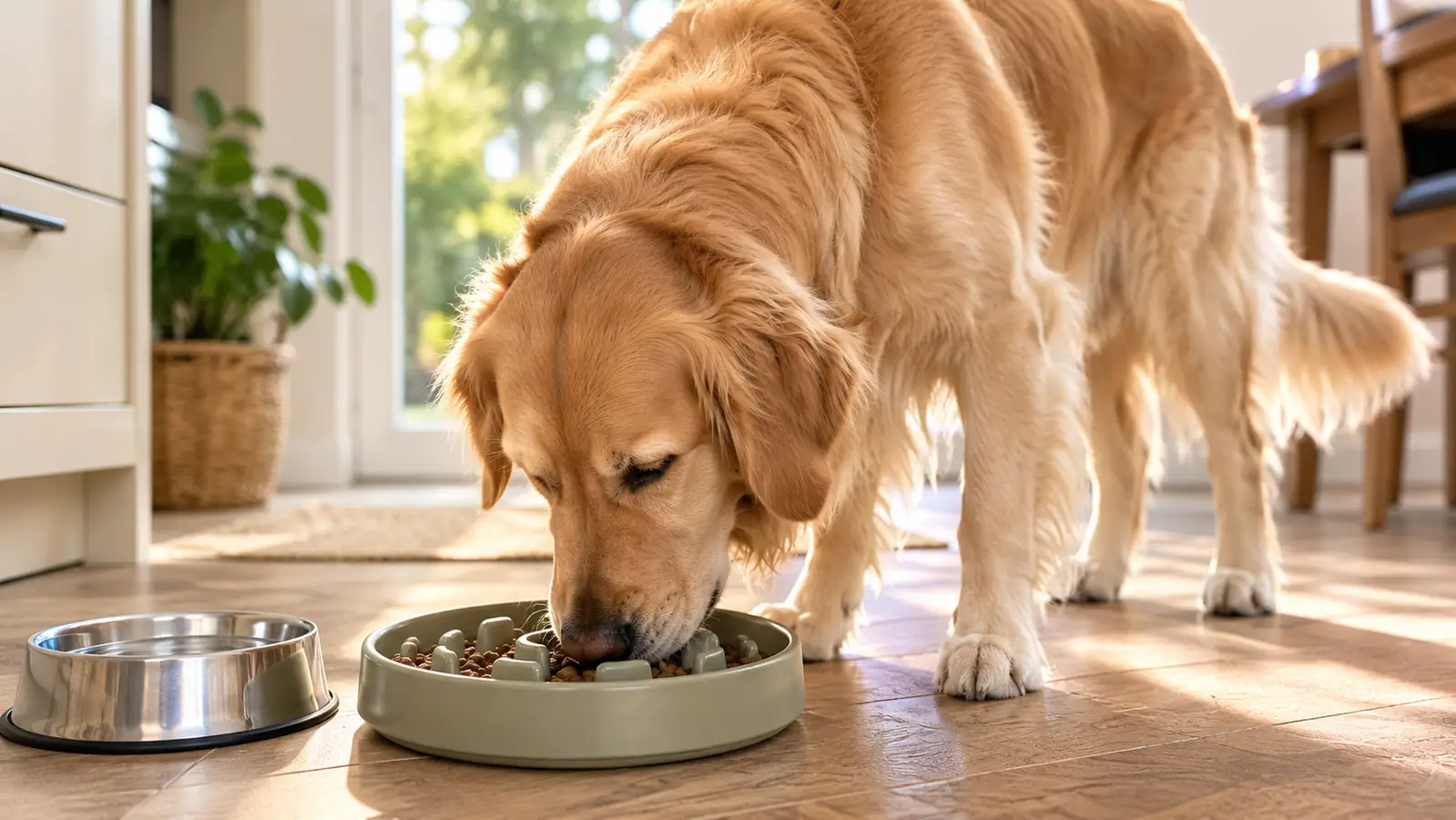 a calm older dog eating slowly from a wide dish with raised ridges on a kitchen floor near a stainless bowl of water