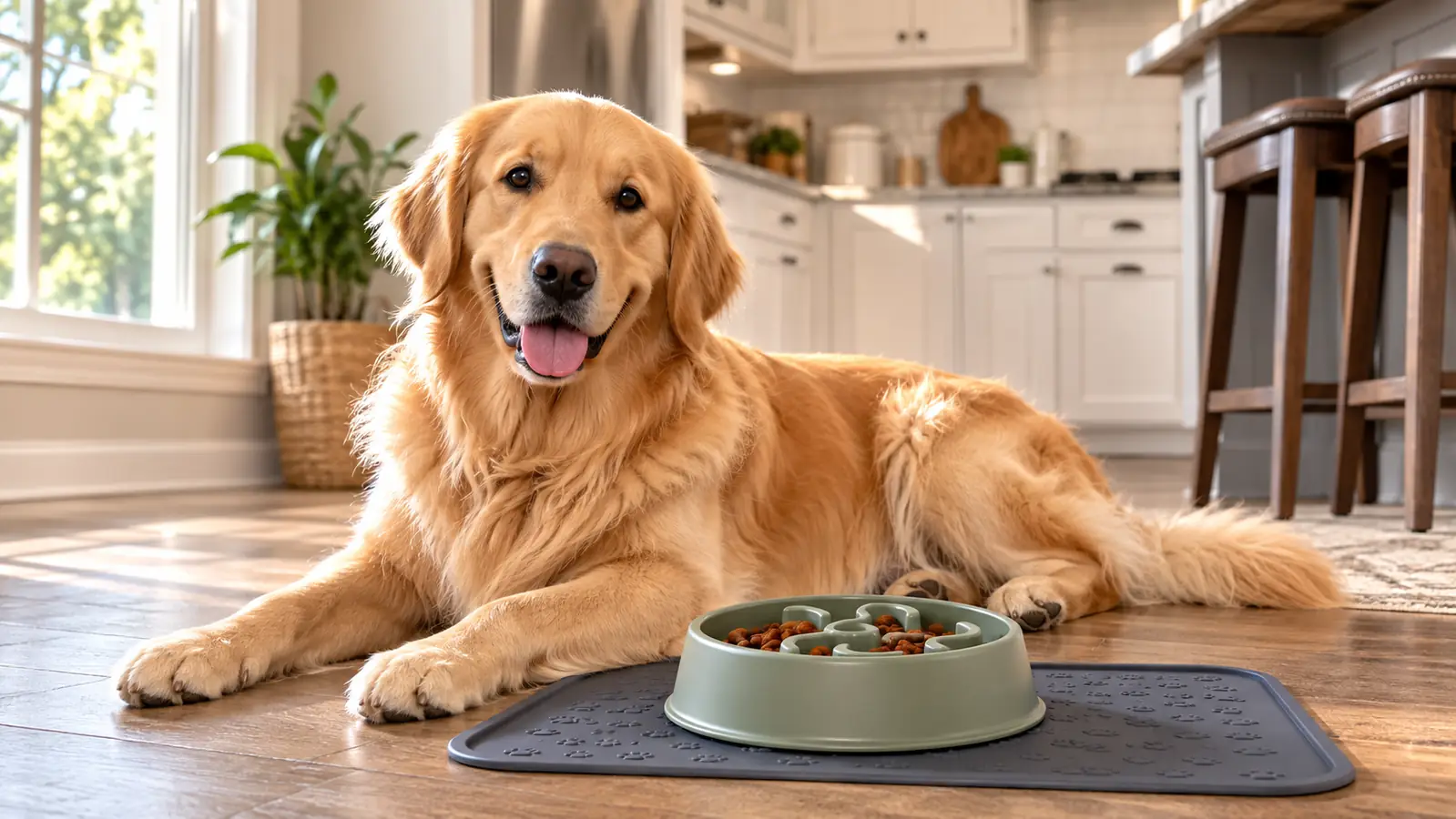 A relaxed golden retriever lying beside a slow feeder bowl on a non-slip feeding mat on a sunlit kitchen floor