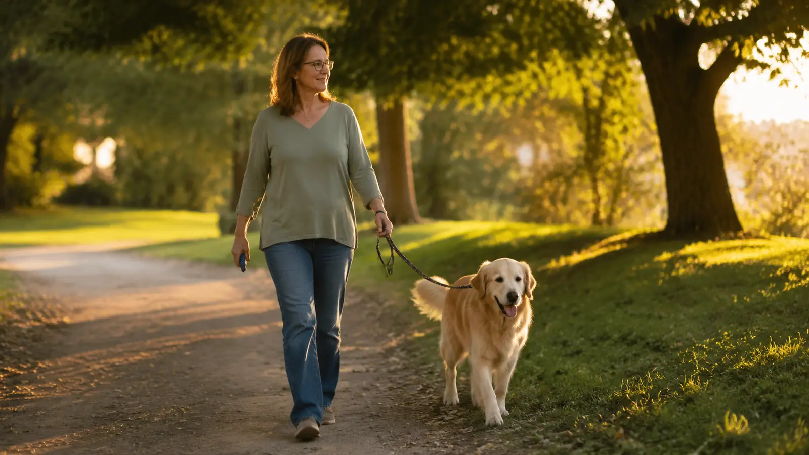 An older woman walking a large dog on a loose leash through a park in warm evening light, the dog wearing a no-pull harness