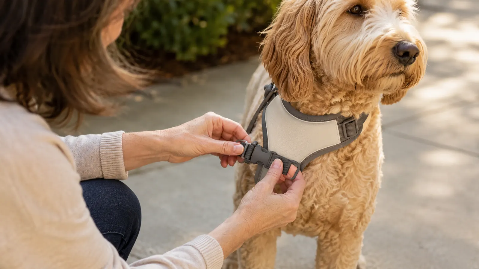 A person's hand clipping the front leash clip onto a padded dog harness while the dog stands patiently on a sidewalk