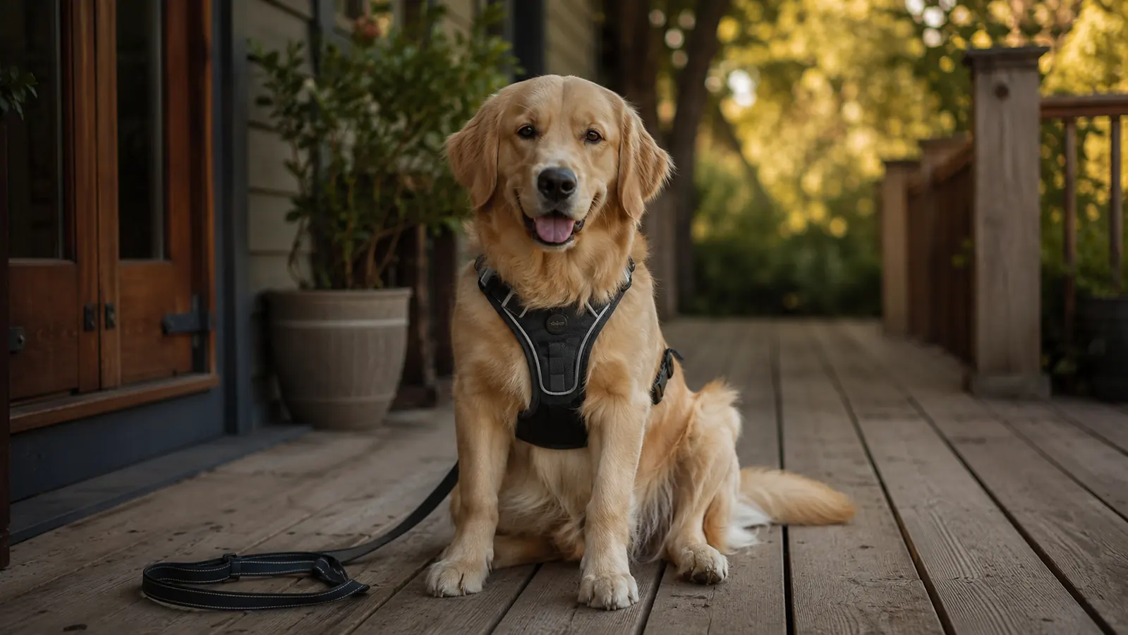 A calm golden retriever in a padded no-pull harness sitting on a porch in soft morning light, leash relaxed on the ground beside it