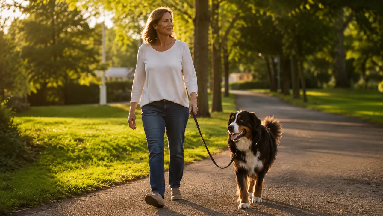 A woman in her fifties walking a strong large dog on a wide neighborhood path, the leash hanging slack for a moment, late afternoon light