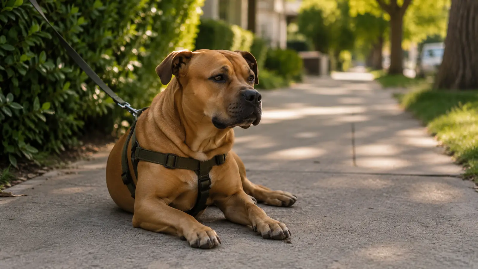 A large dog standing calmly on a quiet suburban sidewalk wearing a harness, soft morning light