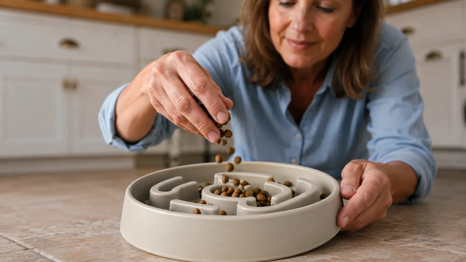 A person's hand placing a portion of kibble on top of the raised maze pattern of a slow feeder bowl on the floor