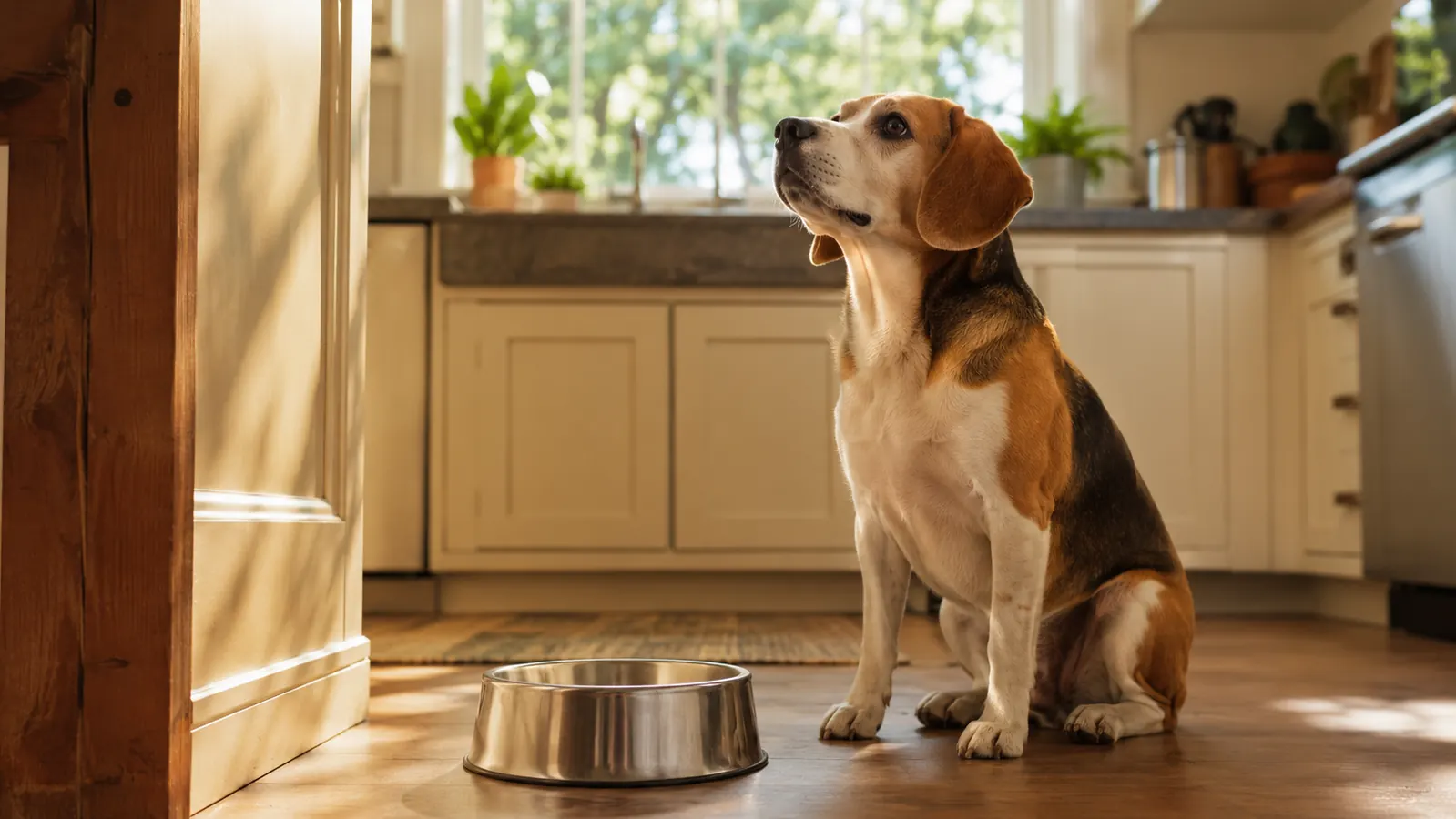 A beagle mix wearing a relaxed expression, sitting calmly beside its empty slow feeder bowl in a warm kitchen in the morning