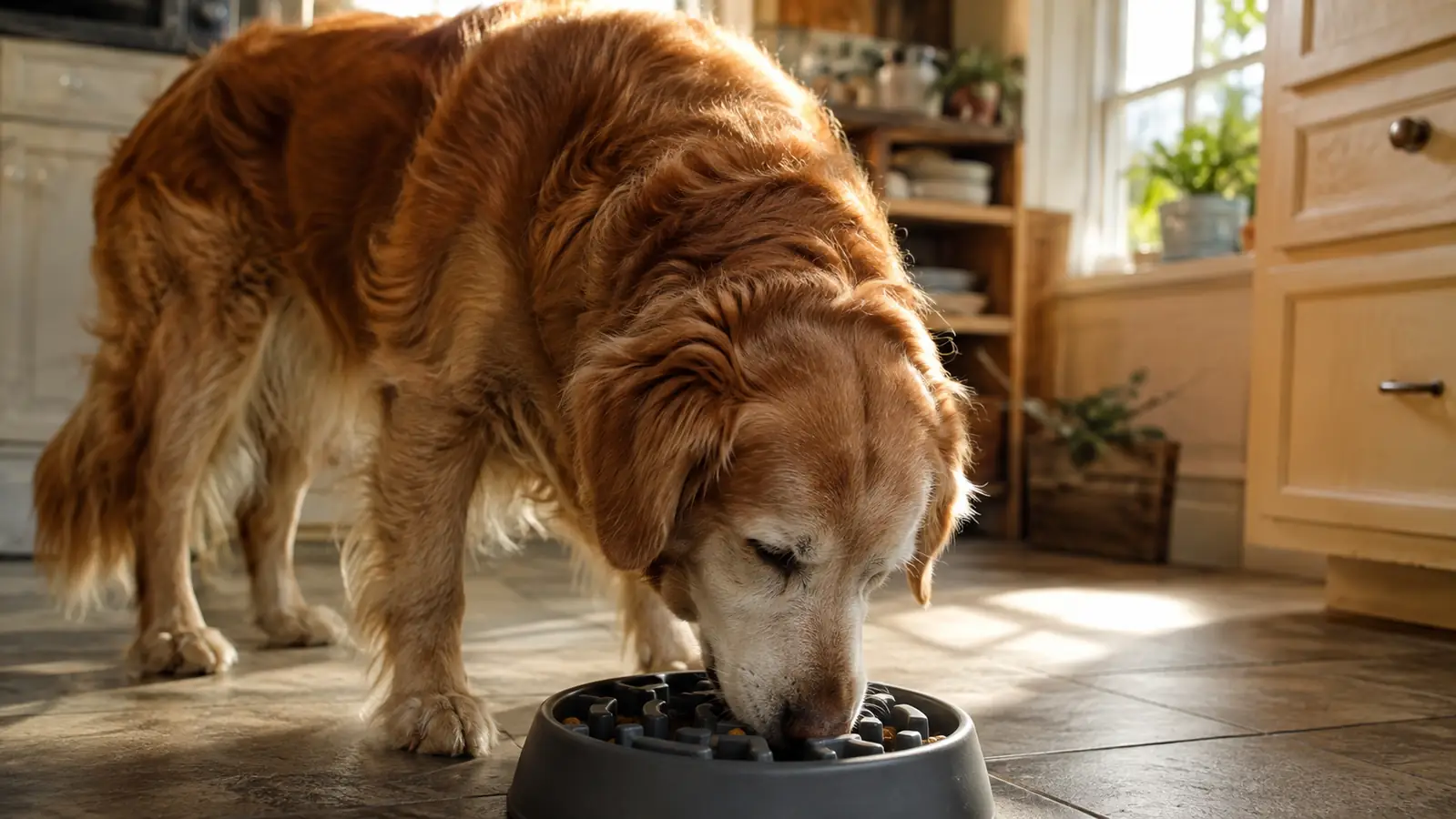 A calm older dog lowering its head to eat from a maze-style slow feeder bowl on a kitchen floor in soft morning light.