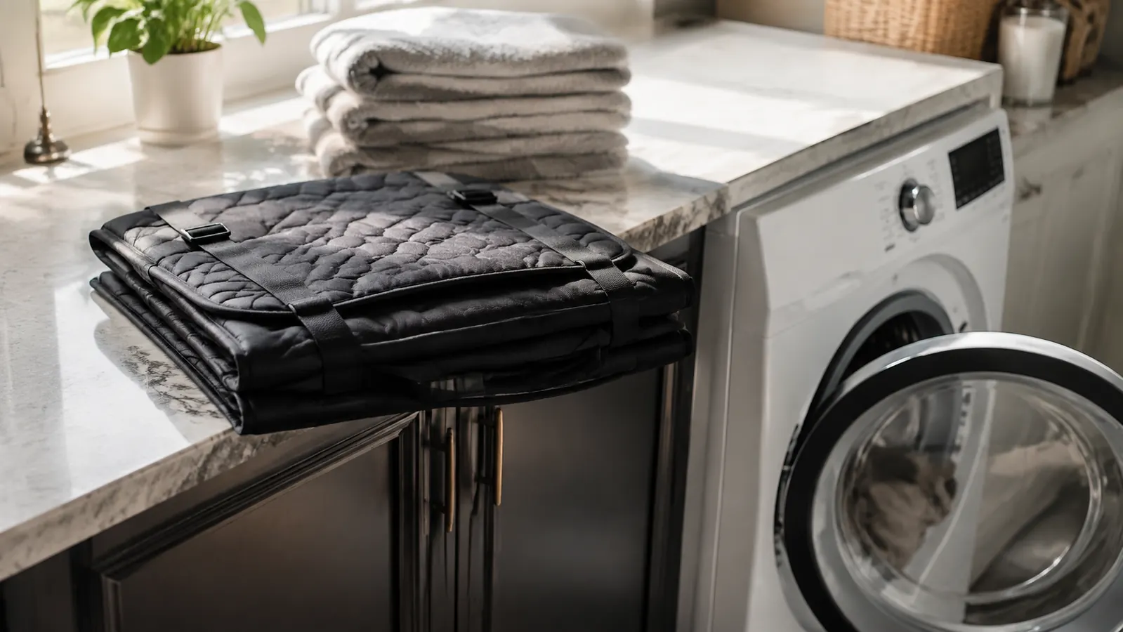 A small pile of folded dark fabric seat cover laid on a clean counter beside a washer, towels visible, practical mudroom scene