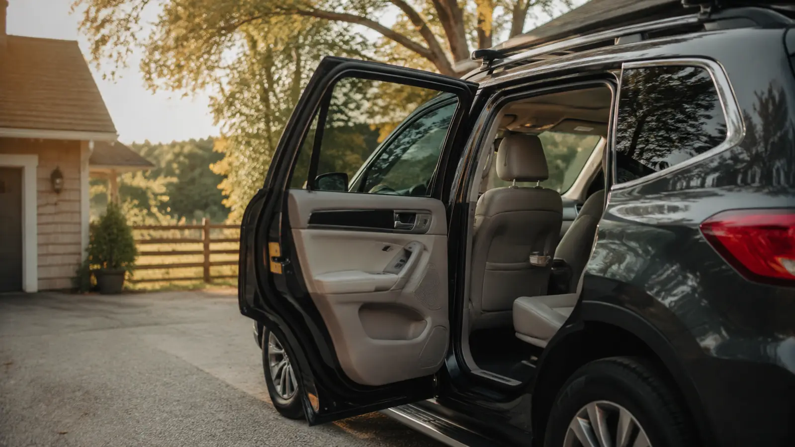A golden afternoon view of a family SUV parked in a driveway, rear door open, sunlight across the back seat