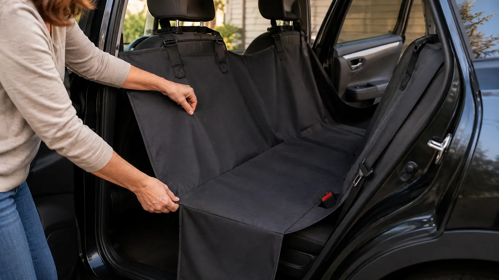 Hands fitting a car seat cover over a rear bench seat in an open car door, hammock drawn up between the front seats
