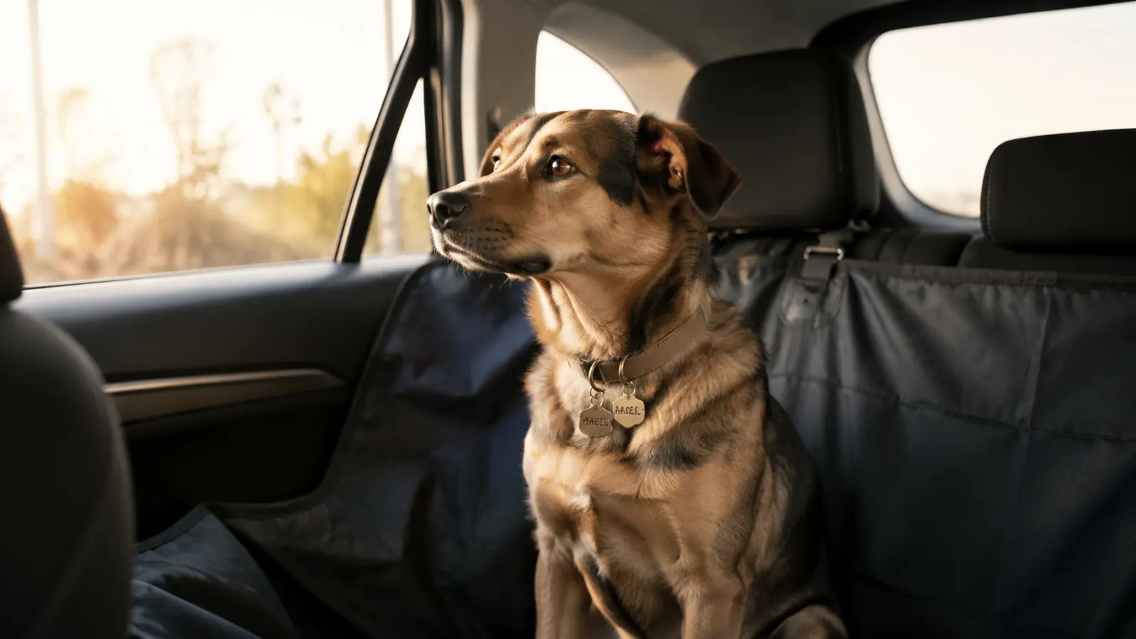 A happy dog sitting on a protective seat cover in the back of a car, early morning light through the window