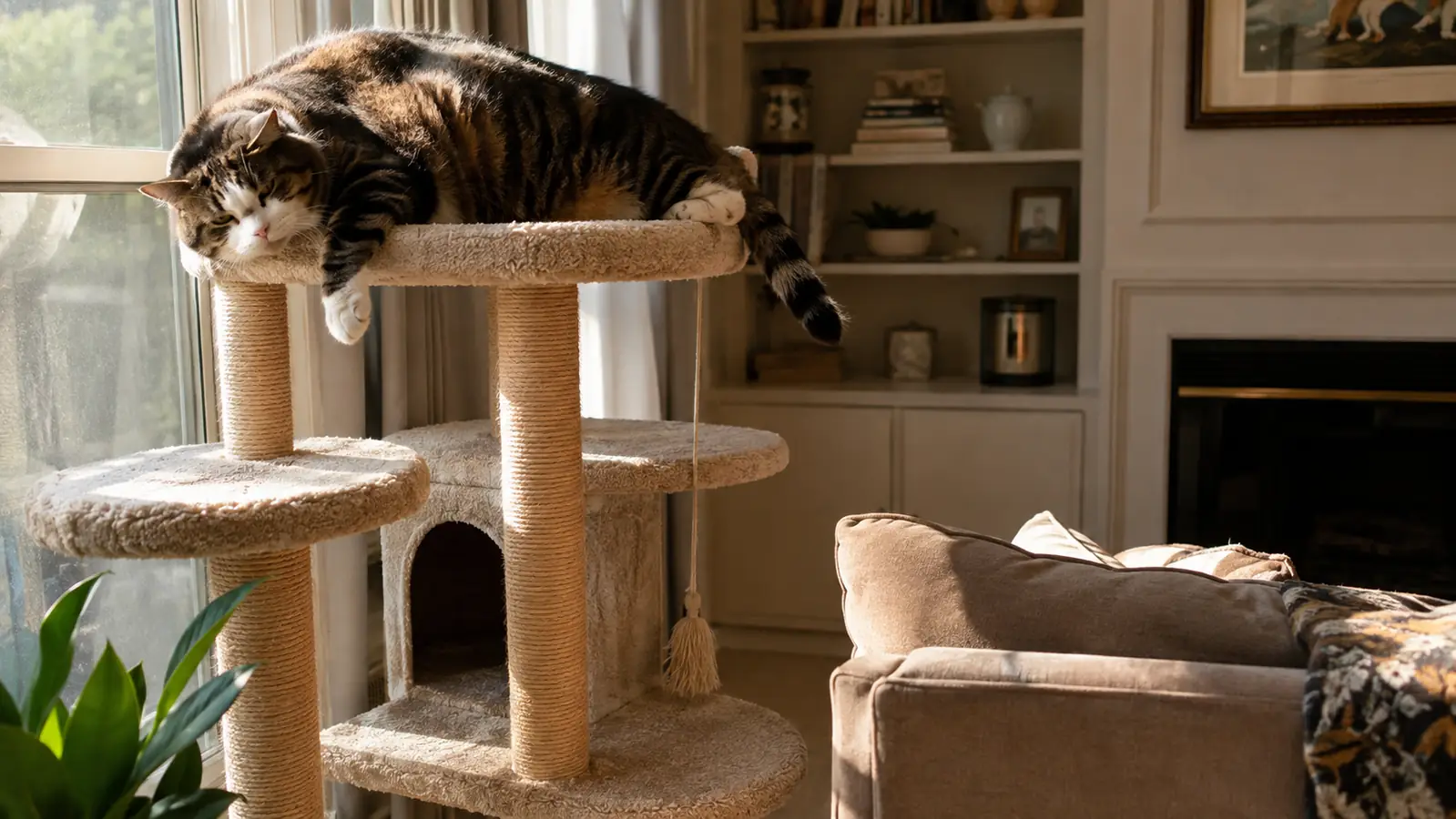 A large indoor cat lounging on the top perch of a tall cat tree tower in a bright living room, soft window light
