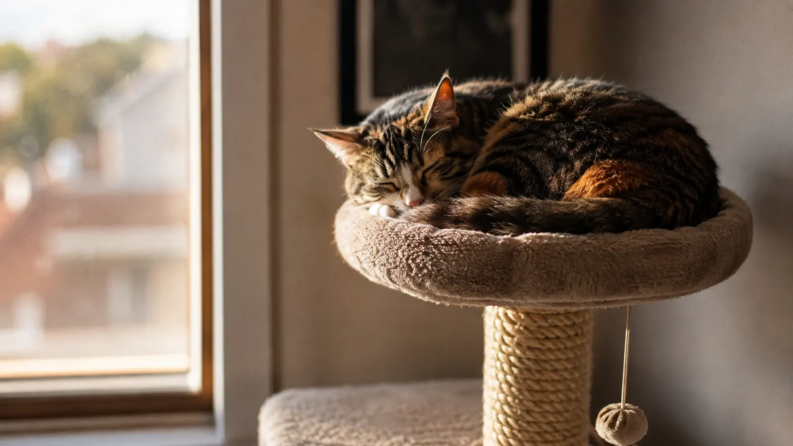 A cat curled up asleep on the top perch of a tall cat tree in the morning