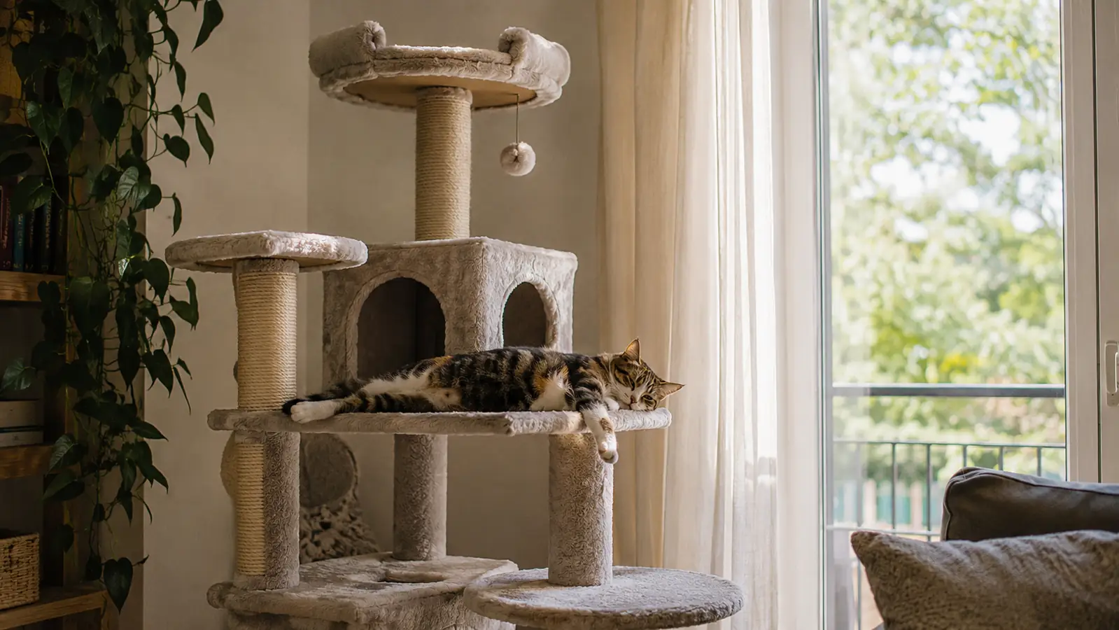 A tall multi-level plush cat tower in a sunny living room corner, one cat stretched out on a middle platform