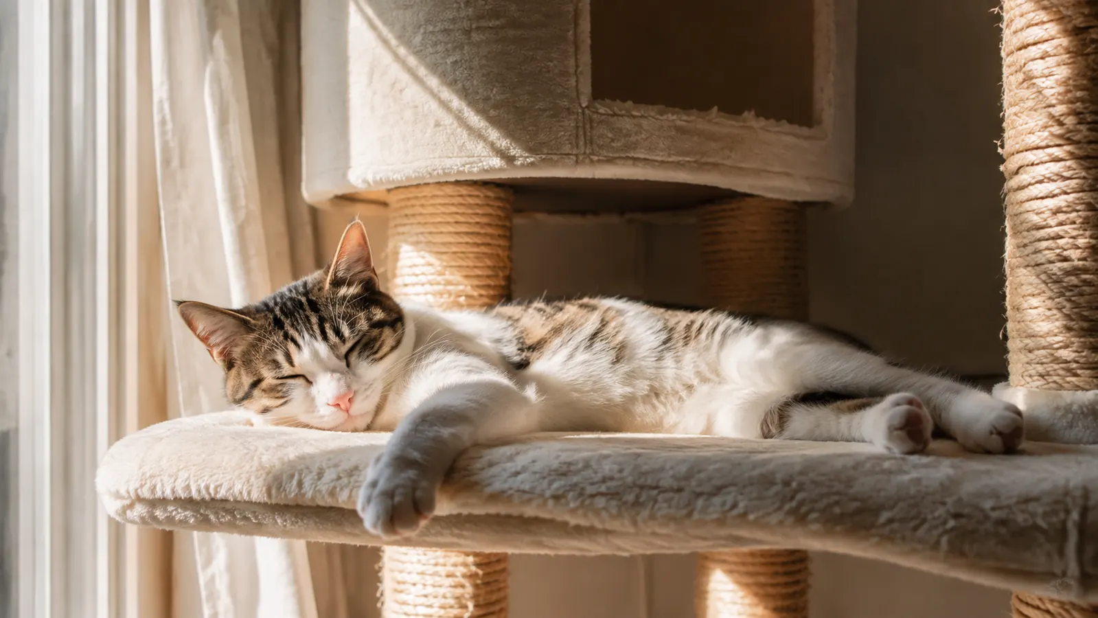 A cat sound asleep on a soft padded platform high up on a cat tree in a living room