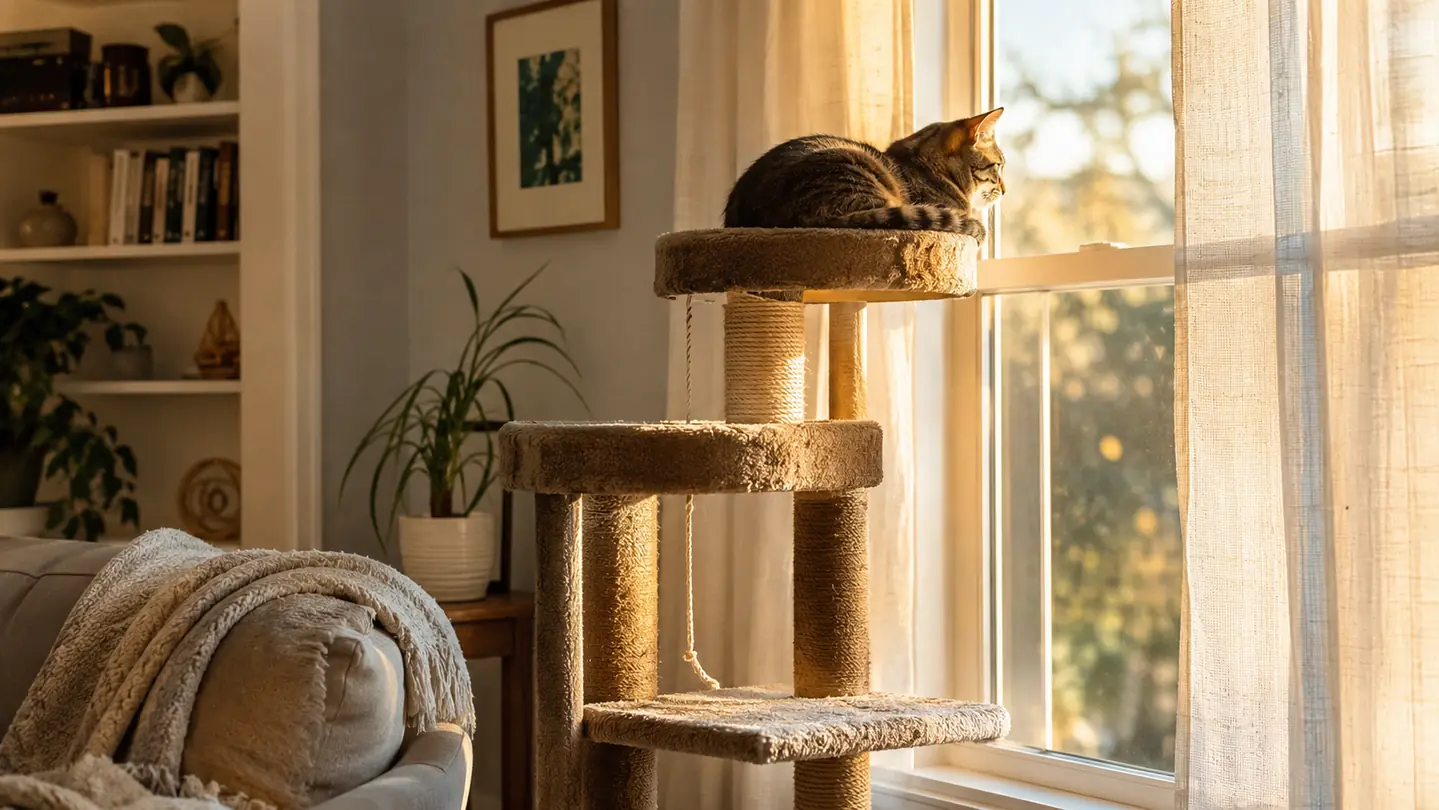 A warm living room in early morning light with a tall cat tree by the window, a cat perched high on the top platform looking out the window