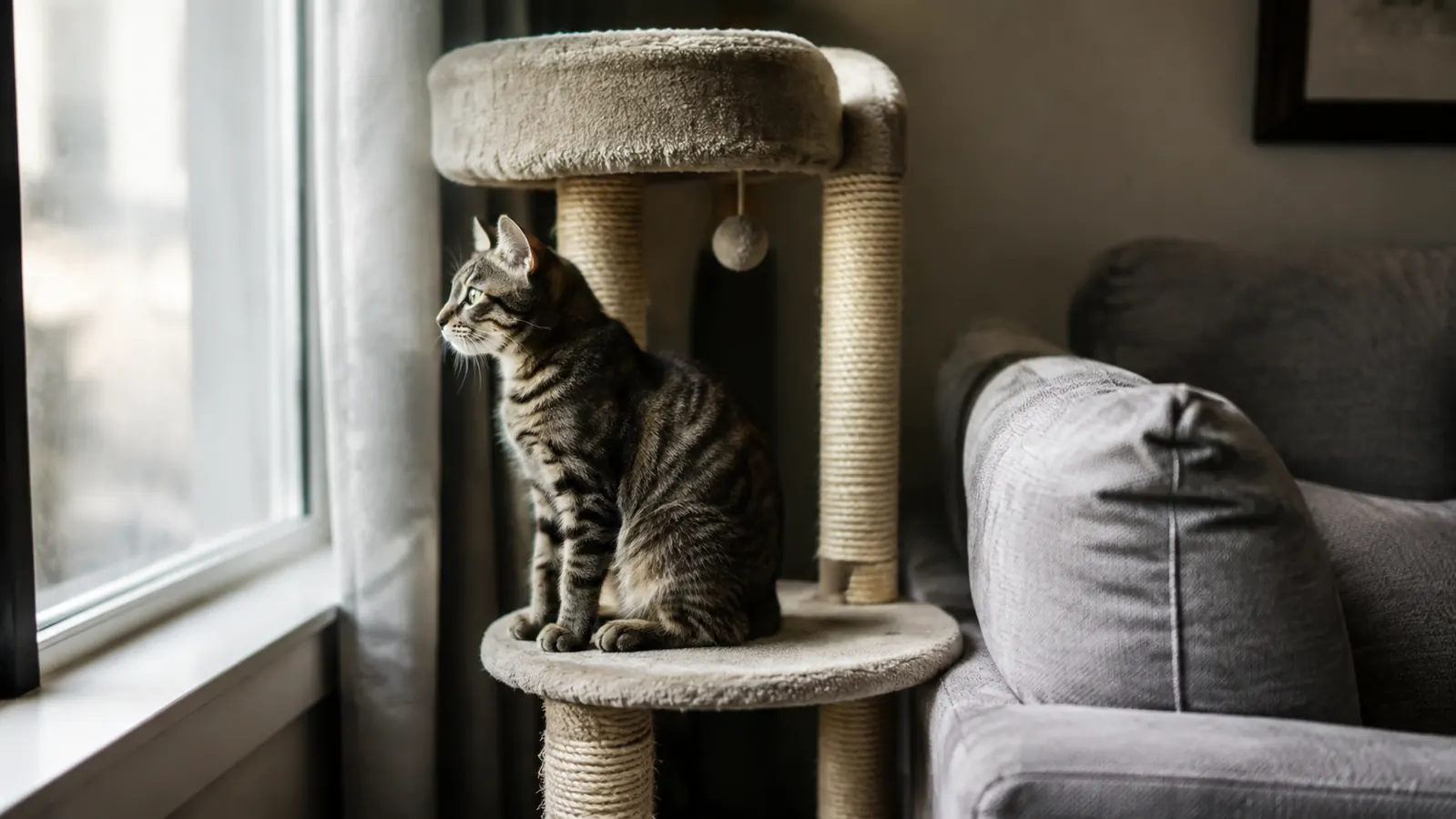 A small cat sitting alertly on the lower perch platform of a tall cat tree beside a sofa, watching out a window