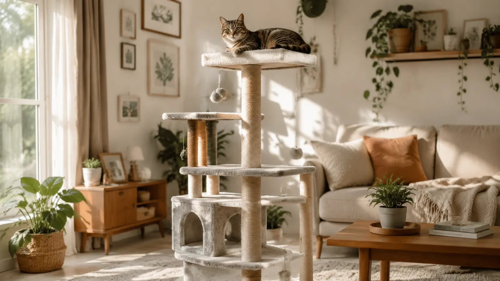 A large cat stretched out on the top platform of a tall multi-level cat tree in a bright living room, soft morning light through a window